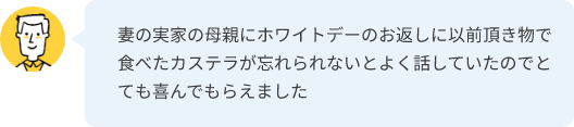 妻の実家の母親にホワイトデーのお返しに以前頂き物で食べたカステラが忘れられないとよく話していたのでとても喜んでもらえました
