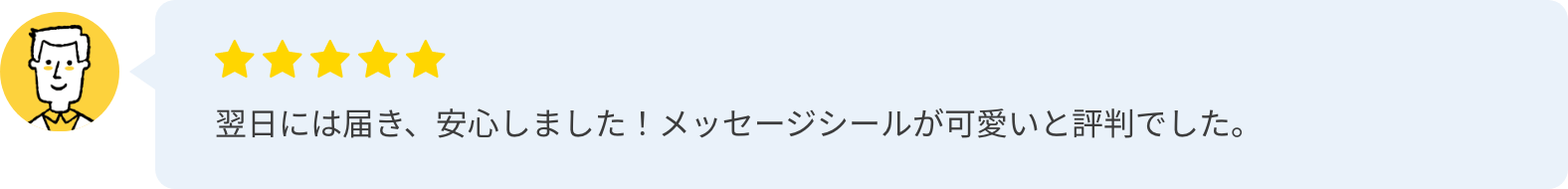 翌日には届き、安心しました！メッセージシールが可愛いと評判でした。